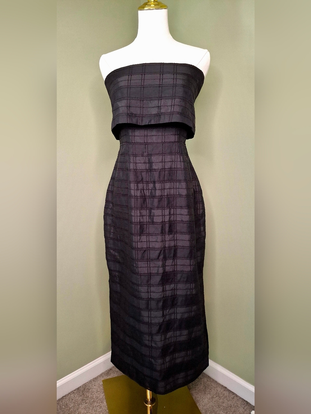 C/MEO Collective Strapless Black Check Midi Dress Foldover Bodice Slit NWT Sz L